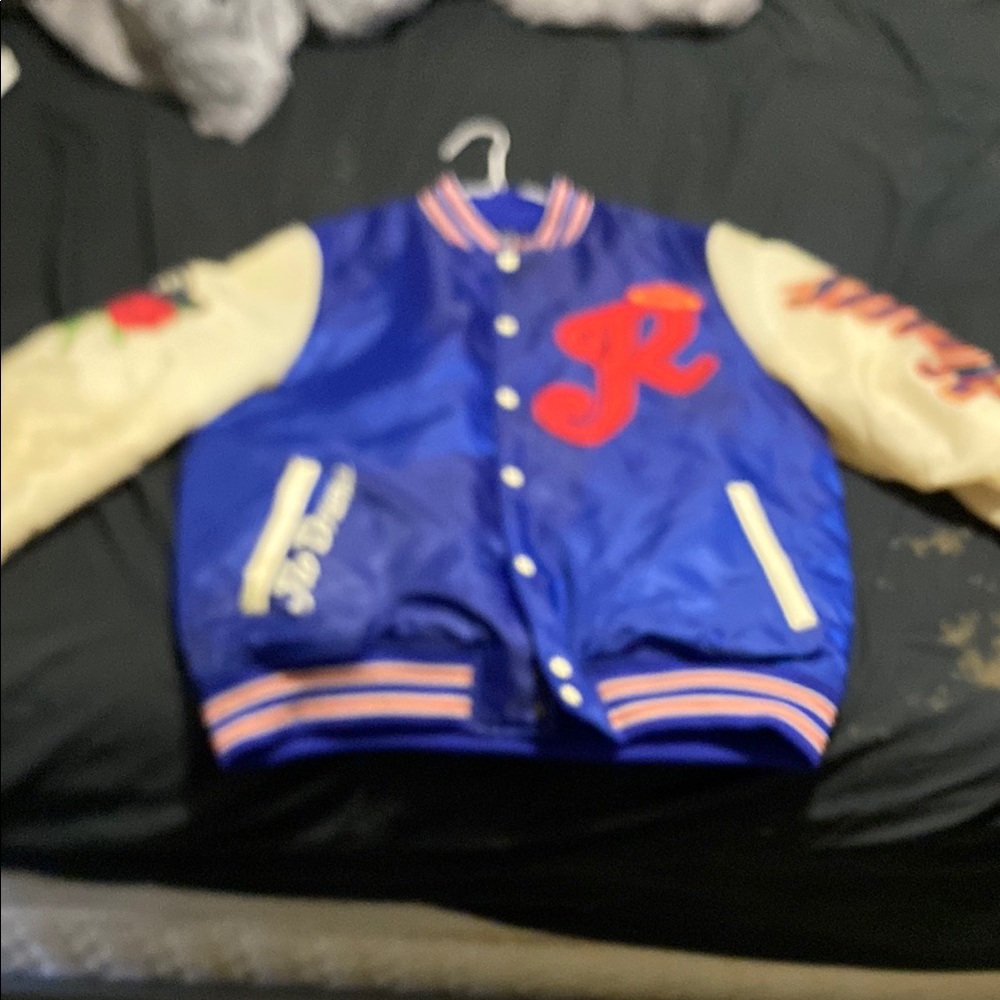 Blue and Cream Varsity Bomber Jacket with Striped Ribbed Details